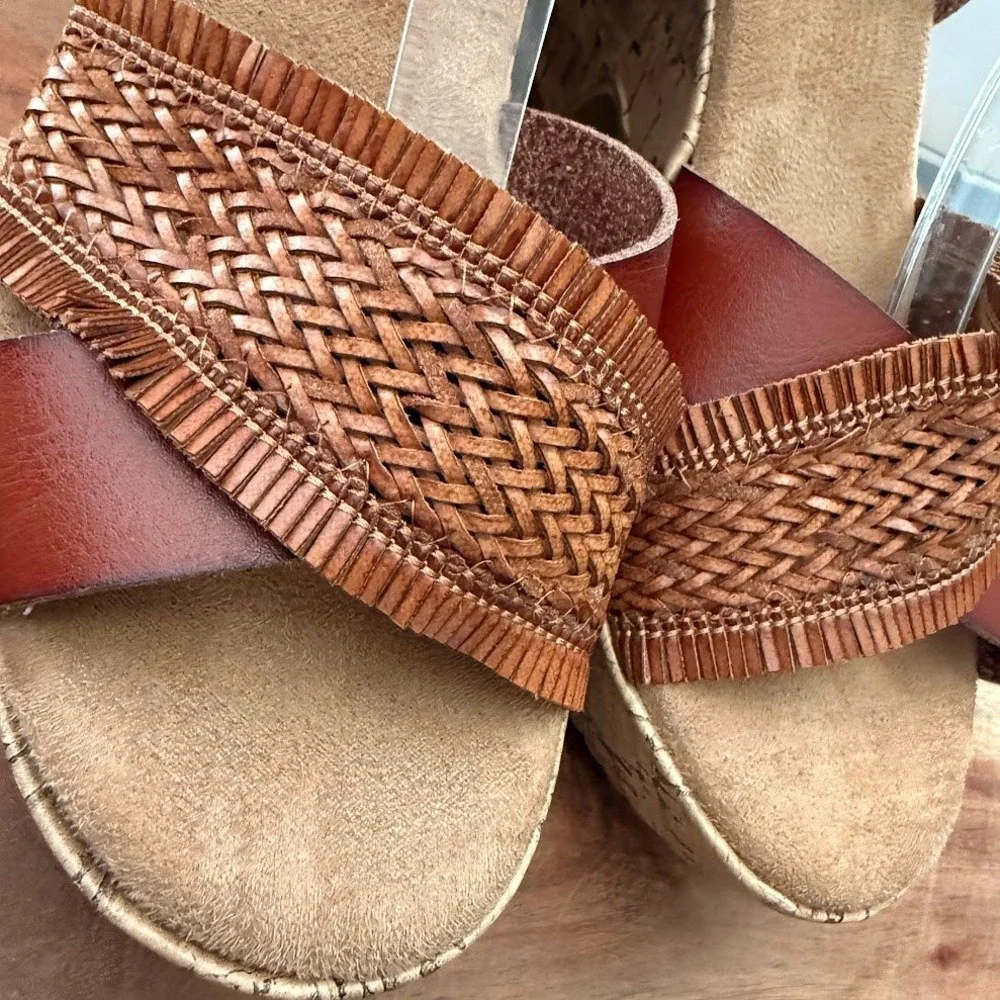 Jellpop Sharna Brown Woven Fringe Womens 8M Cork Platform‎ Wedge Sandals